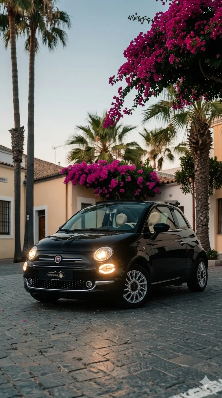 Fiat 500 Cabrio pri bugenvilei v uličke