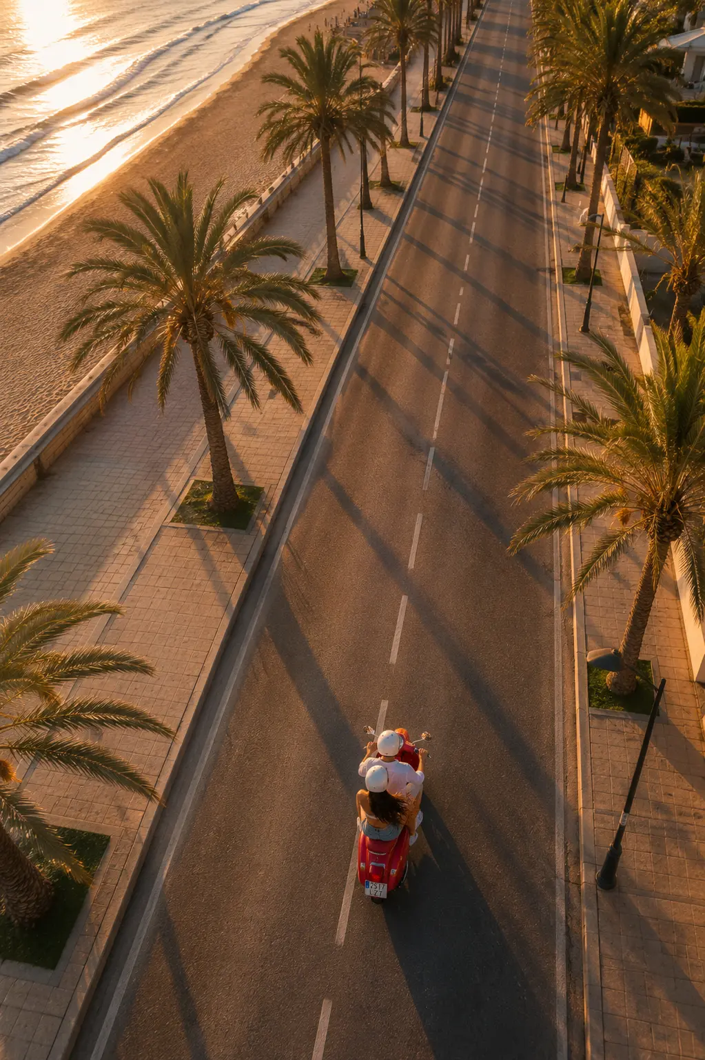 Jazda po promenáde s palmami z vtáčej perspektívy